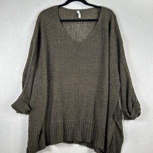WISHLIST‎ green crochet oversized M/L v-neck sweater Side Slit Sheer